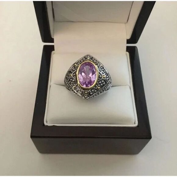 3Ct. Two-Tone Bead Genuine Oval Amethyst Gemstone Ring #9 - Picture 1 of 4